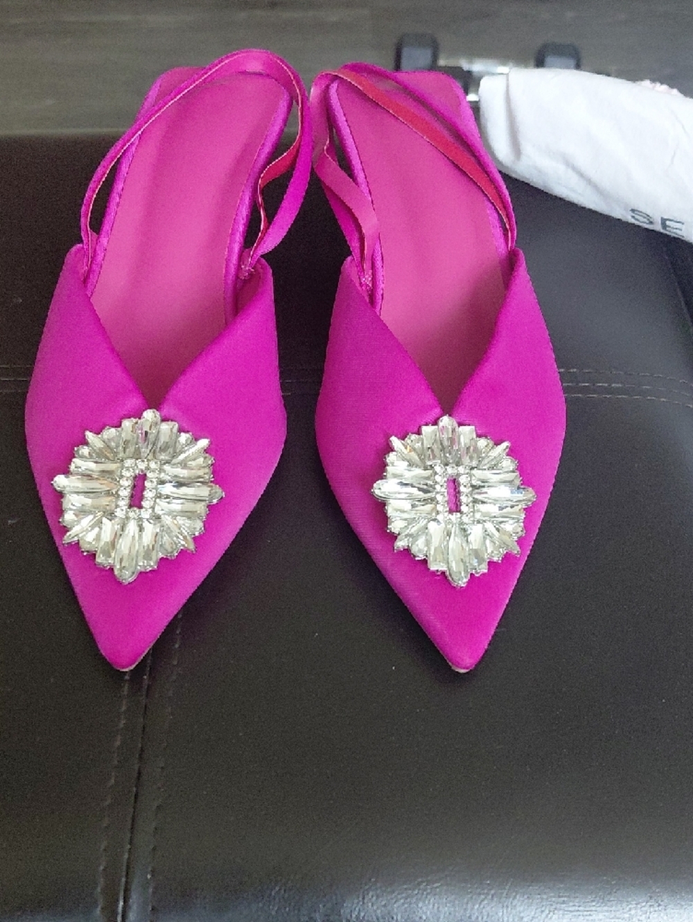 See By Chloe Fuchsia Pointed-Toe Slingback Mules with Crystal Rosette